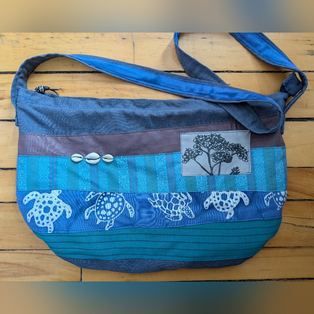 Boho Turtle Print Crossbody Bag in Teal and Blue